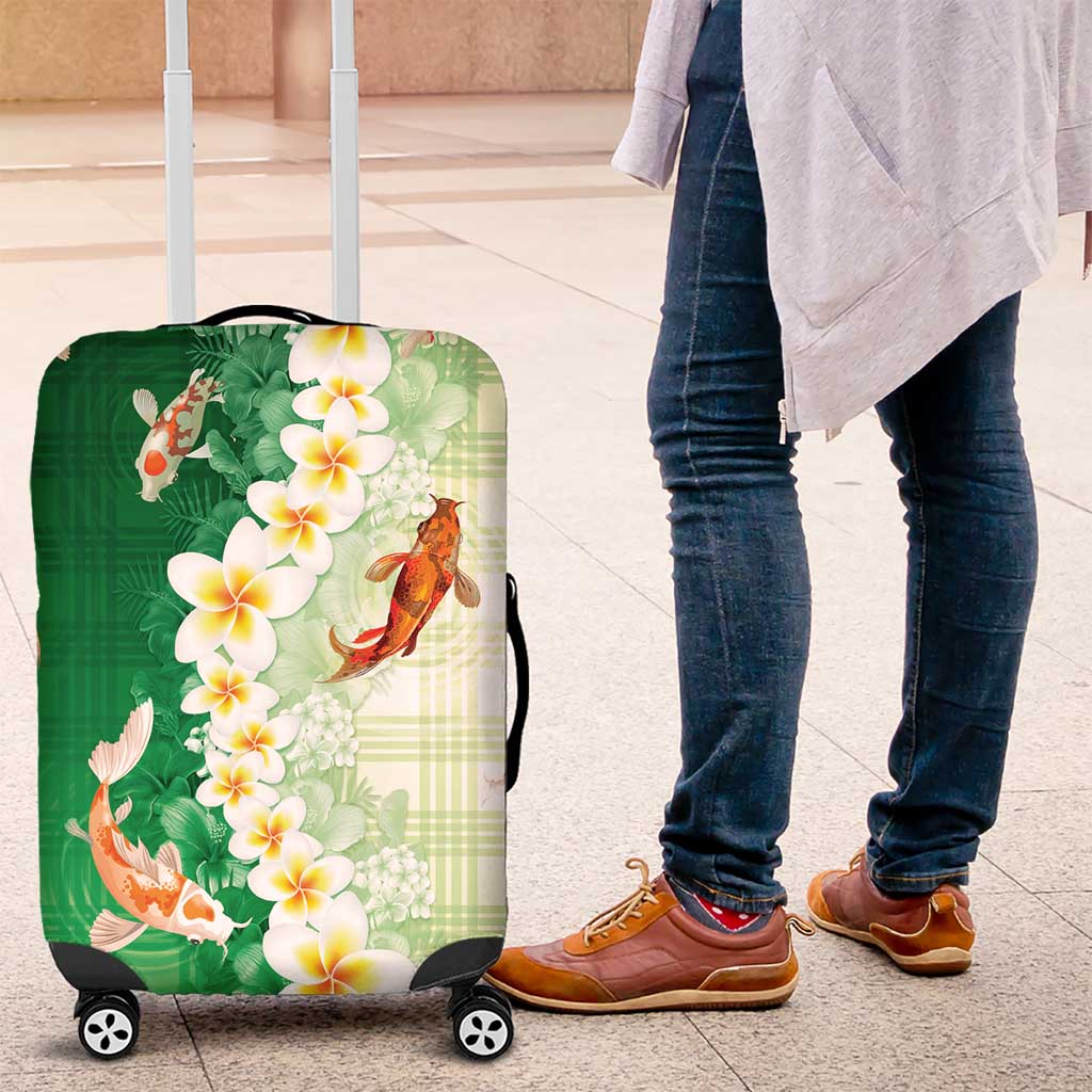 Hawaii And Japan Luggage Cover Plumeria Lei With Koi Fish Green - Polynesian Pride