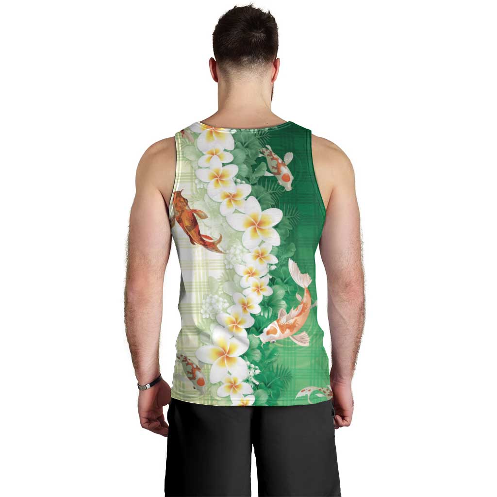 Hawaii And Japan Men Tank Top Plumeria Lei With Koi Fish Green - Polynesian Pride