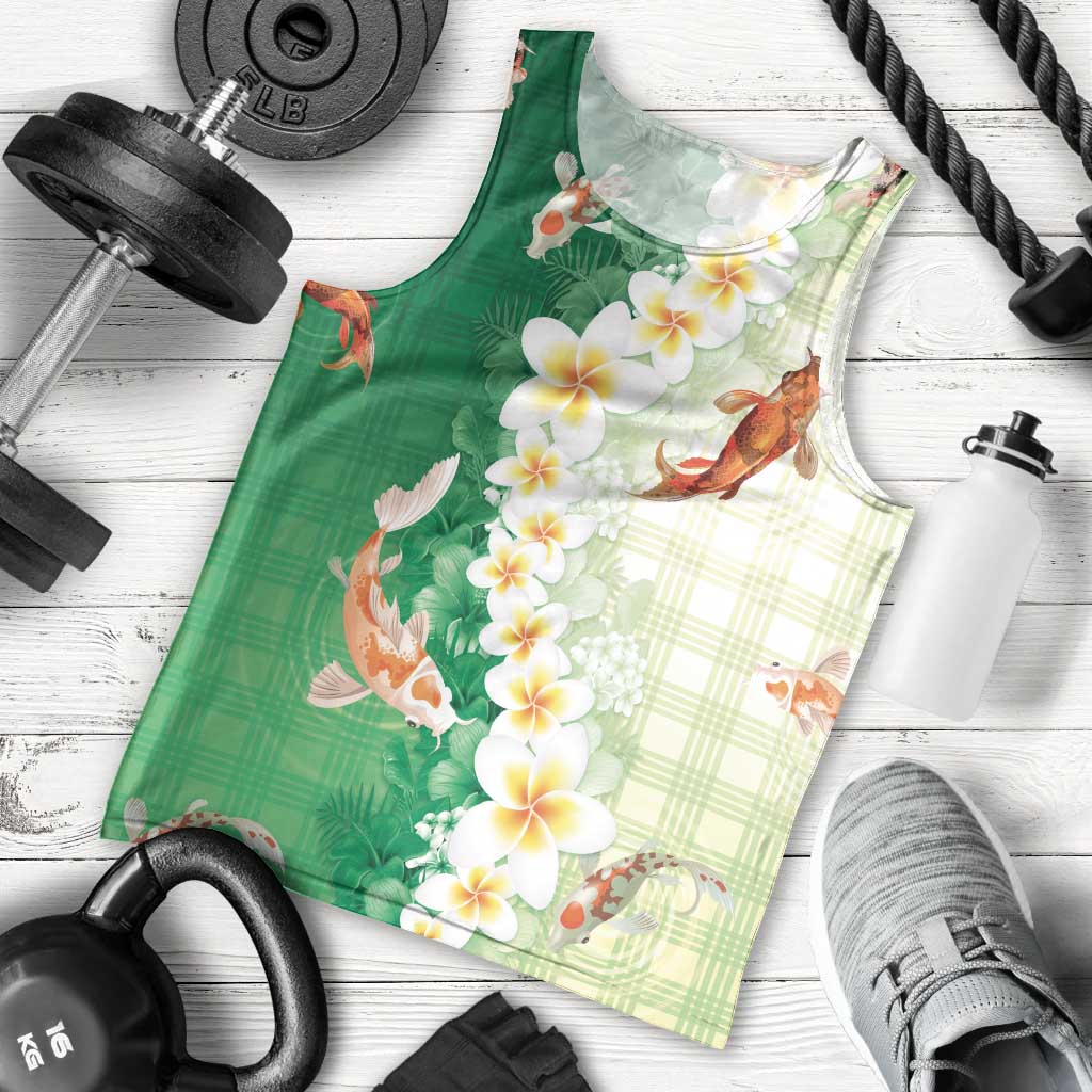 Hawaii And Japan Men Tank Top Plumeria Lei With Koi Fish Green - Polynesian Pride