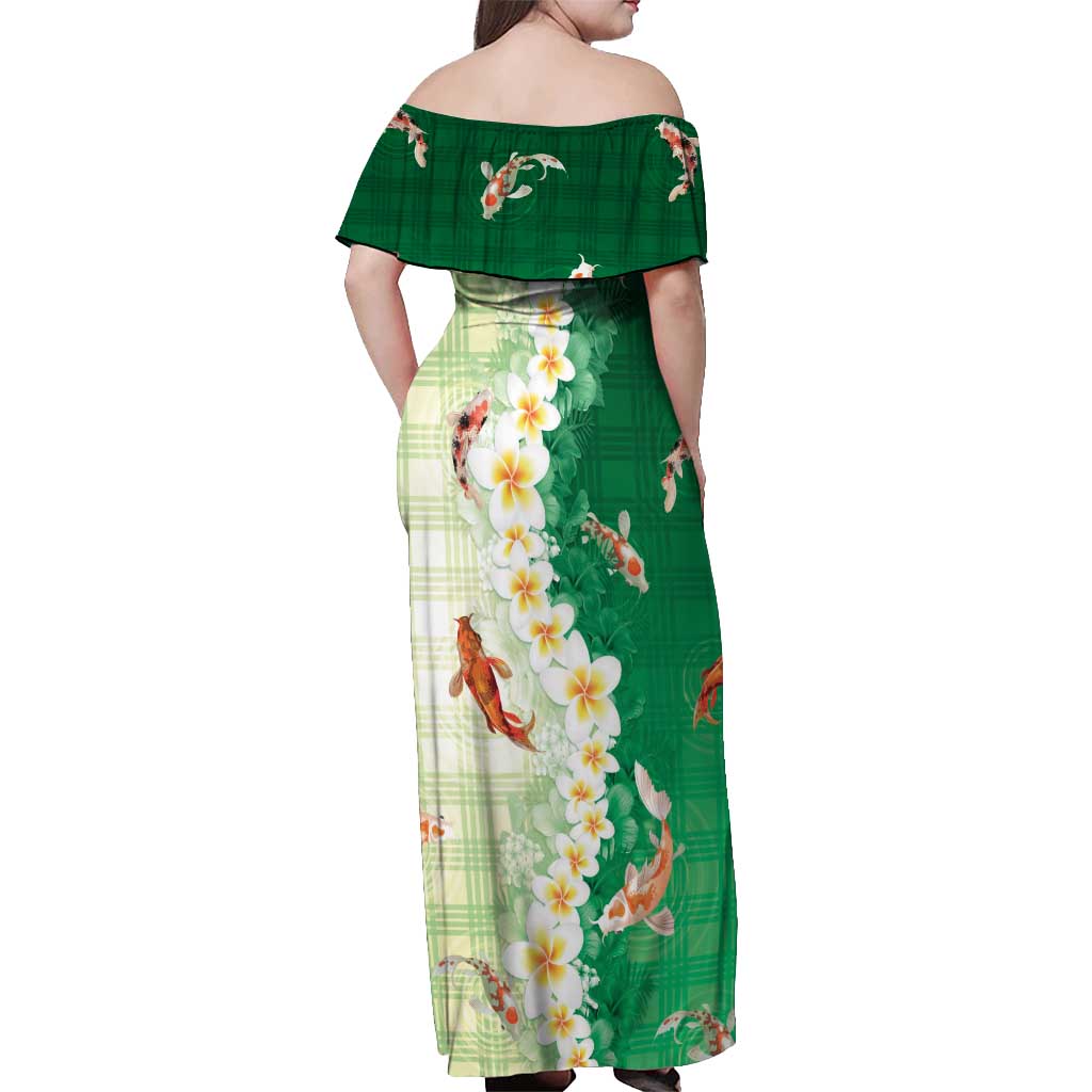 Hawaii And Japan Off Shoulder Maxi Dress Plumeria Lei With Koi Fish Green - Polynesian Pride