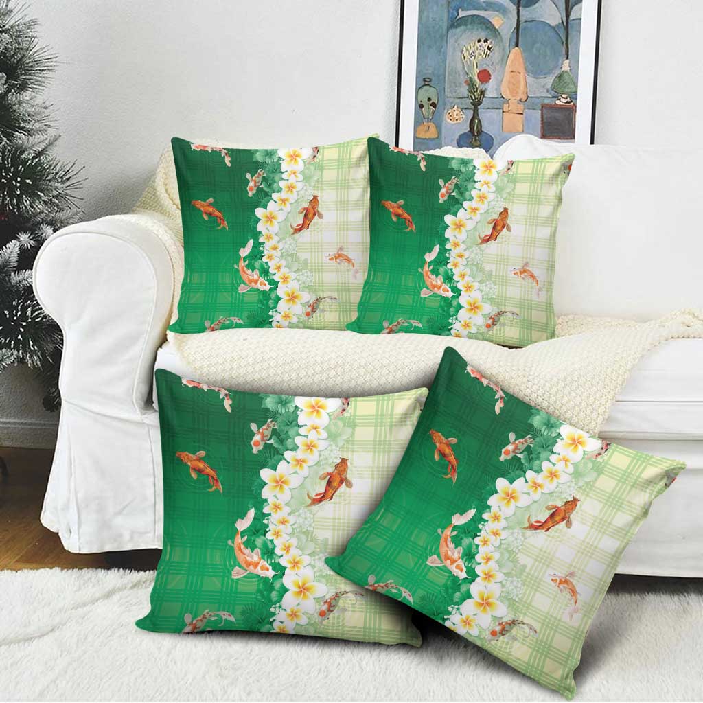 Hawaii And Japan Pillow Cover Plumeria Lei With Koi Fish Green - Polynesian Pride