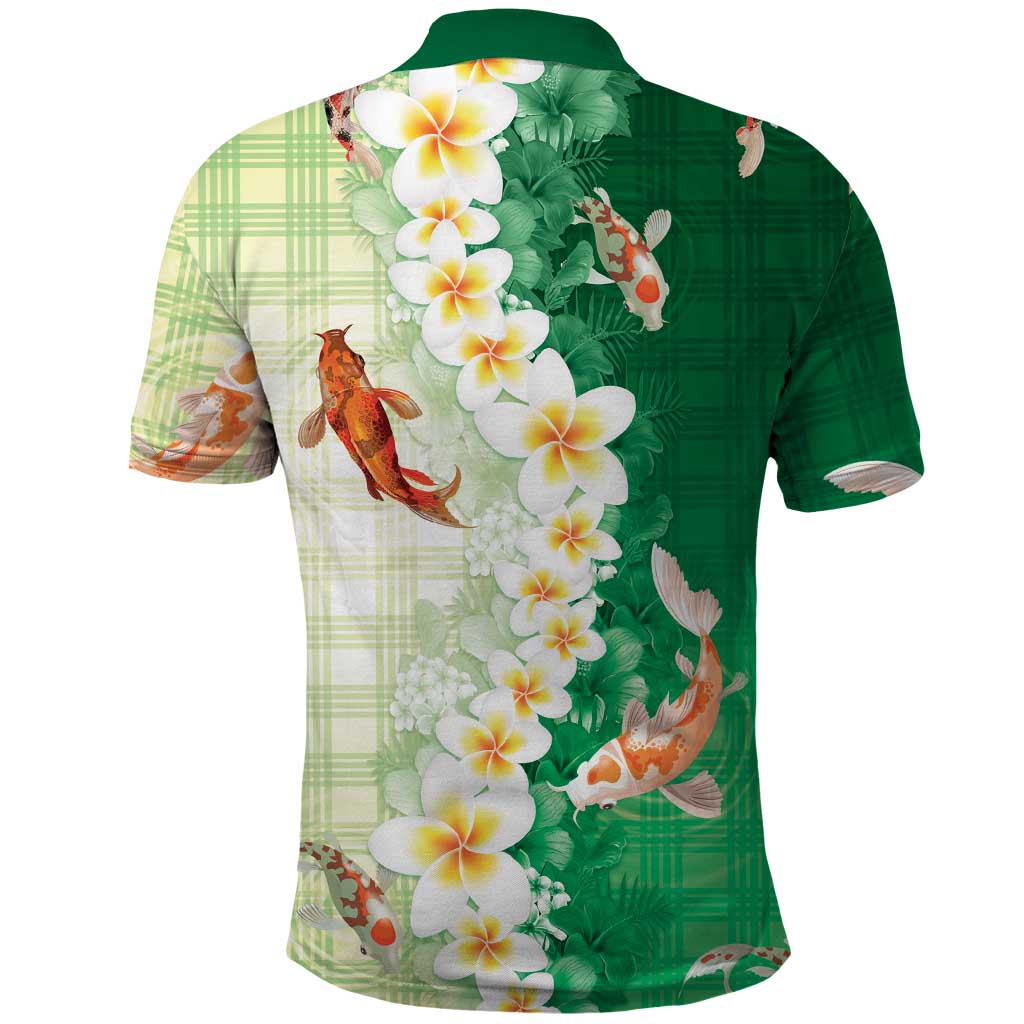 Hawaii And Japan Polo Shirt Plumeria Lei With Koi Fish Green - Polynesian Pride