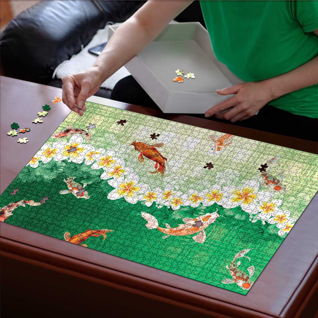 Hawaii And Japan Puzzle Plumeria Lei With Koi Fish Green - Polynesian Pride