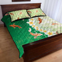 Hawaii And Japan Quilt Bed Set Plumeria Lei With Koi Fish Green - Polynesian Pride