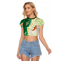 Hawaii And Japan Raglan Cropped T Shirt Plumeria Lei With Koi Fish Green - Polynesian Pride