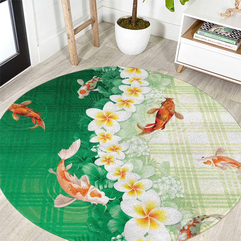 Hawaii And Japan Round Carpet Plumeria Lei With Koi Fish Green LT05 Green - Polynesian Pride