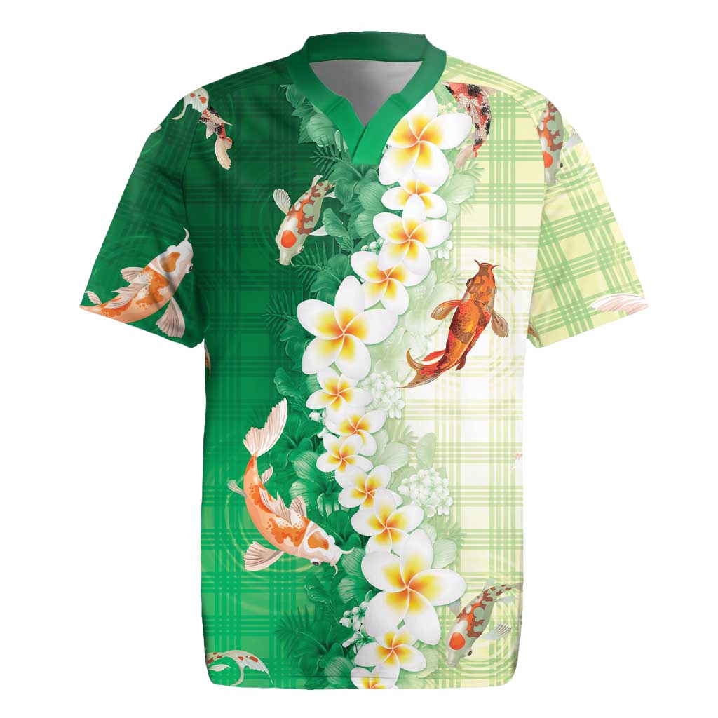 Hawaii And Japan Rugby Jersey Plumeria Lei With Koi Fish Green LT05 Green - Polynesian Pride