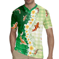 Hawaii And Japan Rugby Jersey Plumeria Lei With Koi Fish Green - Polynesian Pride