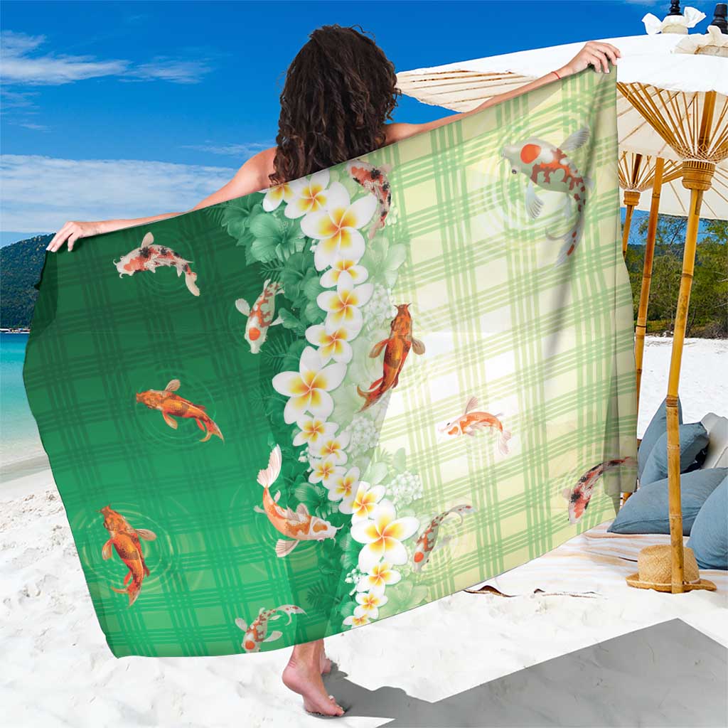 Hawaii And Japan Sarong Plumeria Lei With Koi Fish Green LT05 One Size 44 x 66 inches Green - Polynesian Pride