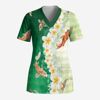 Hawaii And Japan Scrub Top Plumeria Lei With Koi Fish Green - Polynesian Pride