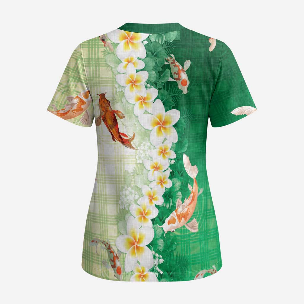 Hawaii And Japan Scrub Top Plumeria Lei With Koi Fish Green - Polynesian Pride