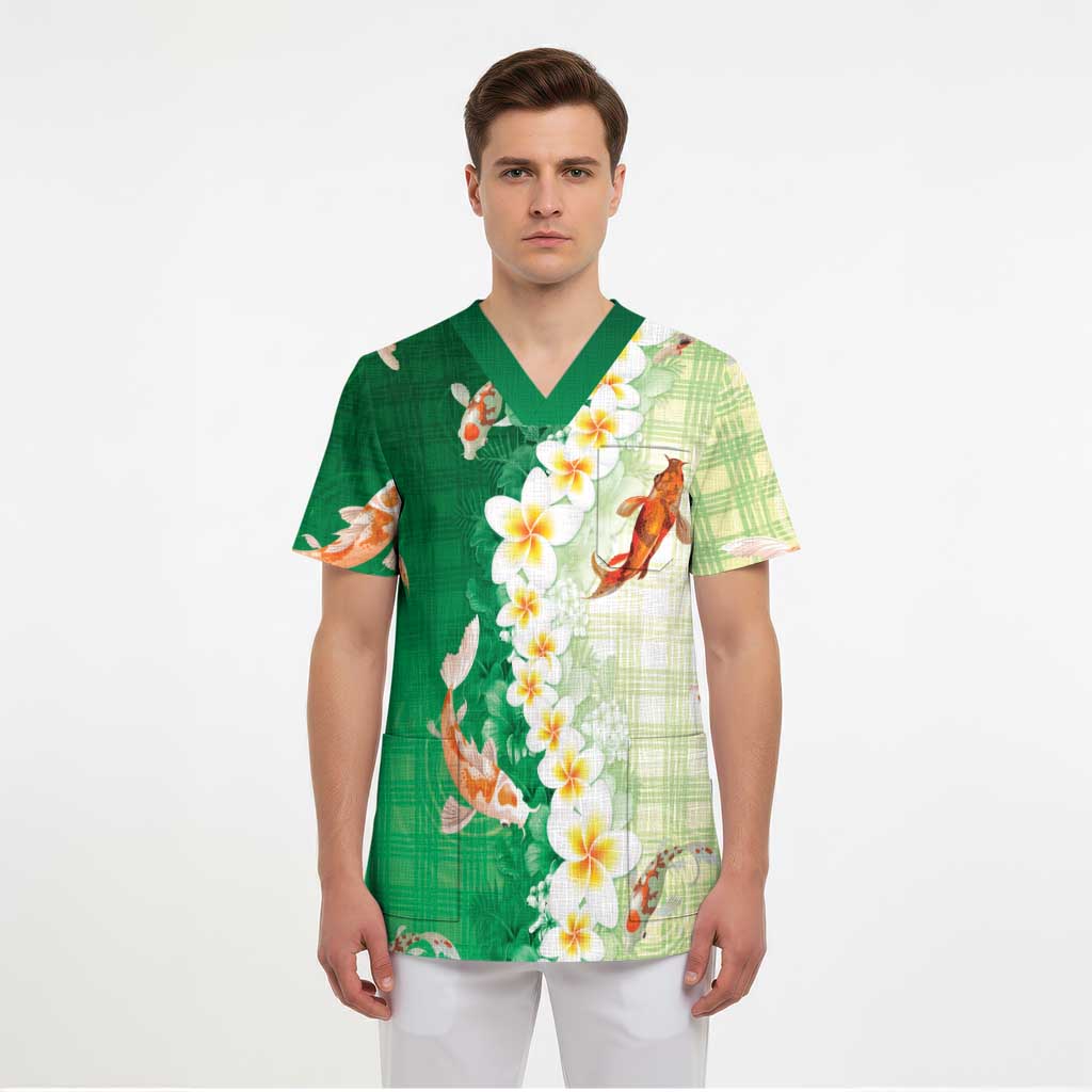 Hawaii And Japan Scrub Top Plumeria Lei With Koi Fish Green - Polynesian Pride