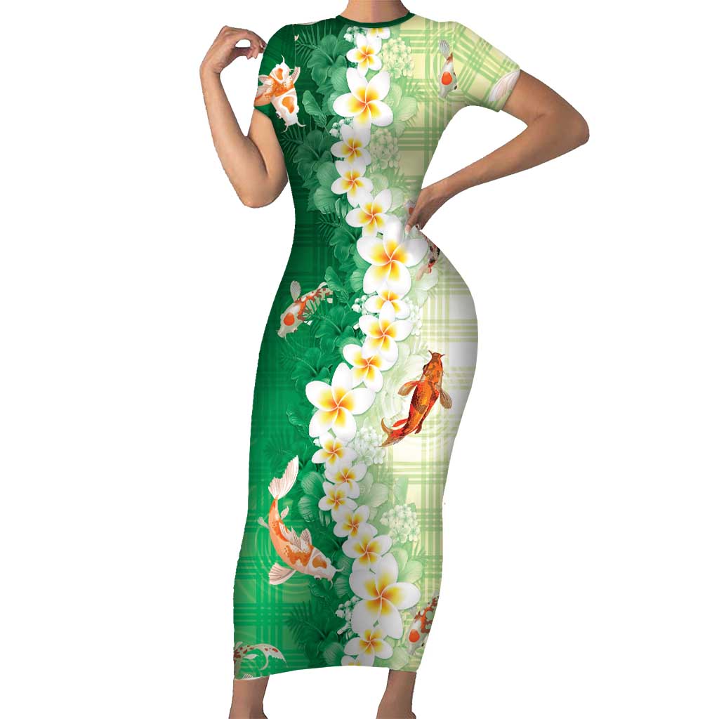 Hawaii And Japan Short Sleeve Bodycon Dress Plumeria Lei With Koi Fish Green - Polynesian Pride