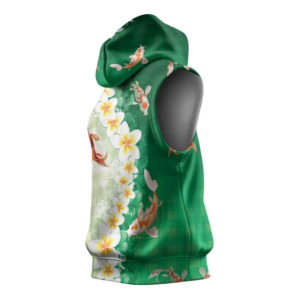 Hawaii And Japan Sleeveless Hoodie Plumeria Lei With Koi Fish Green - Polynesian Pride