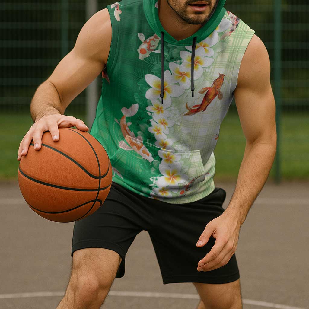 Hawaii And Japan Sleeveless Hoodie Plumeria Lei With Koi Fish Green - Polynesian Pride