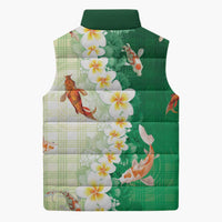 Hawaii And Japan Sleeveless Puffer Jacket Plumeria Lei With Koi Fish Green - Polynesian Pride