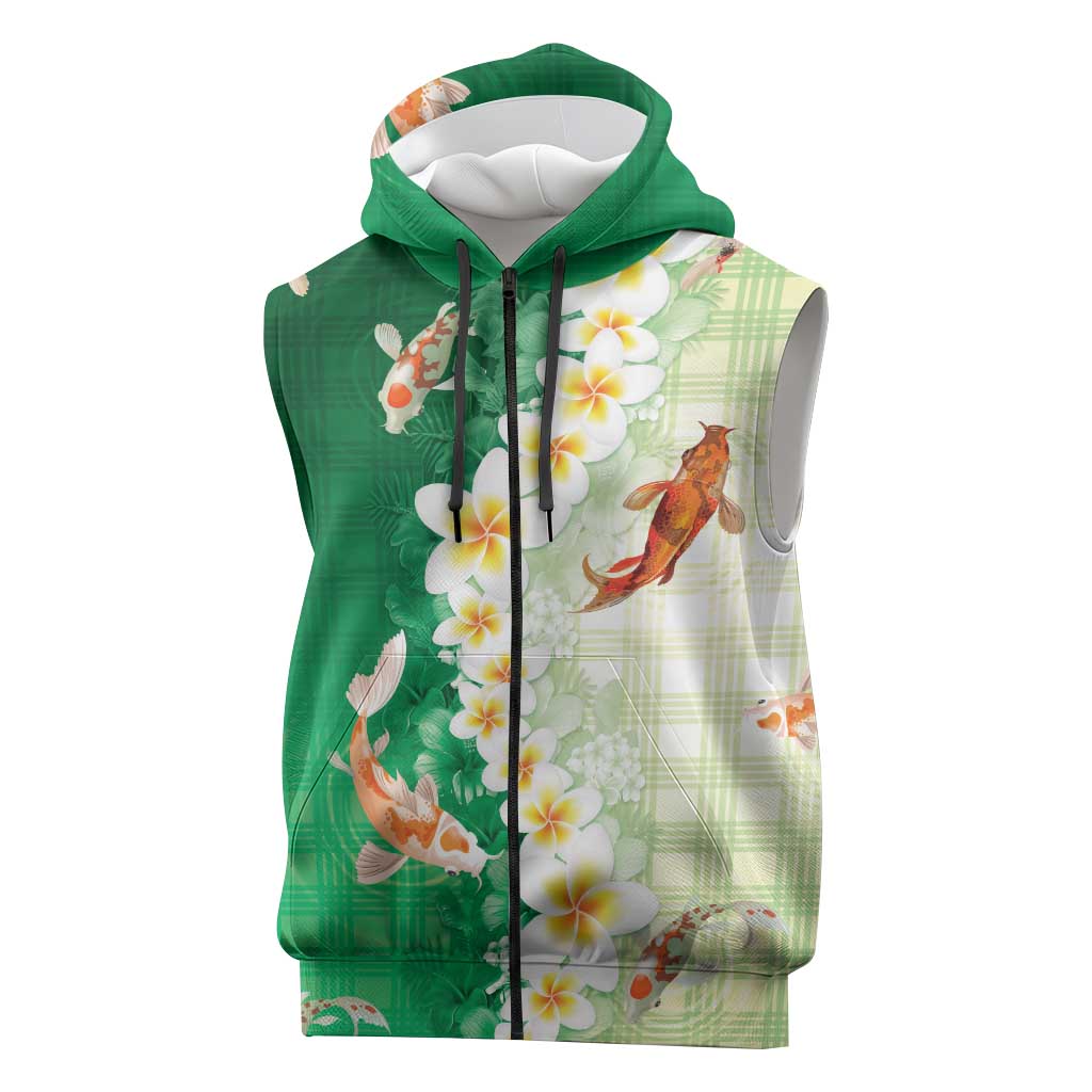Hawaii And Japan Sleeveless Zip Hoodie Plumeria Lei With Koi Fish Green - Polynesian Pride