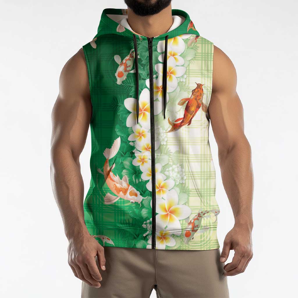 Hawaii And Japan Sleeveless Zip Hoodie Plumeria Lei With Koi Fish Green - Polynesian Pride