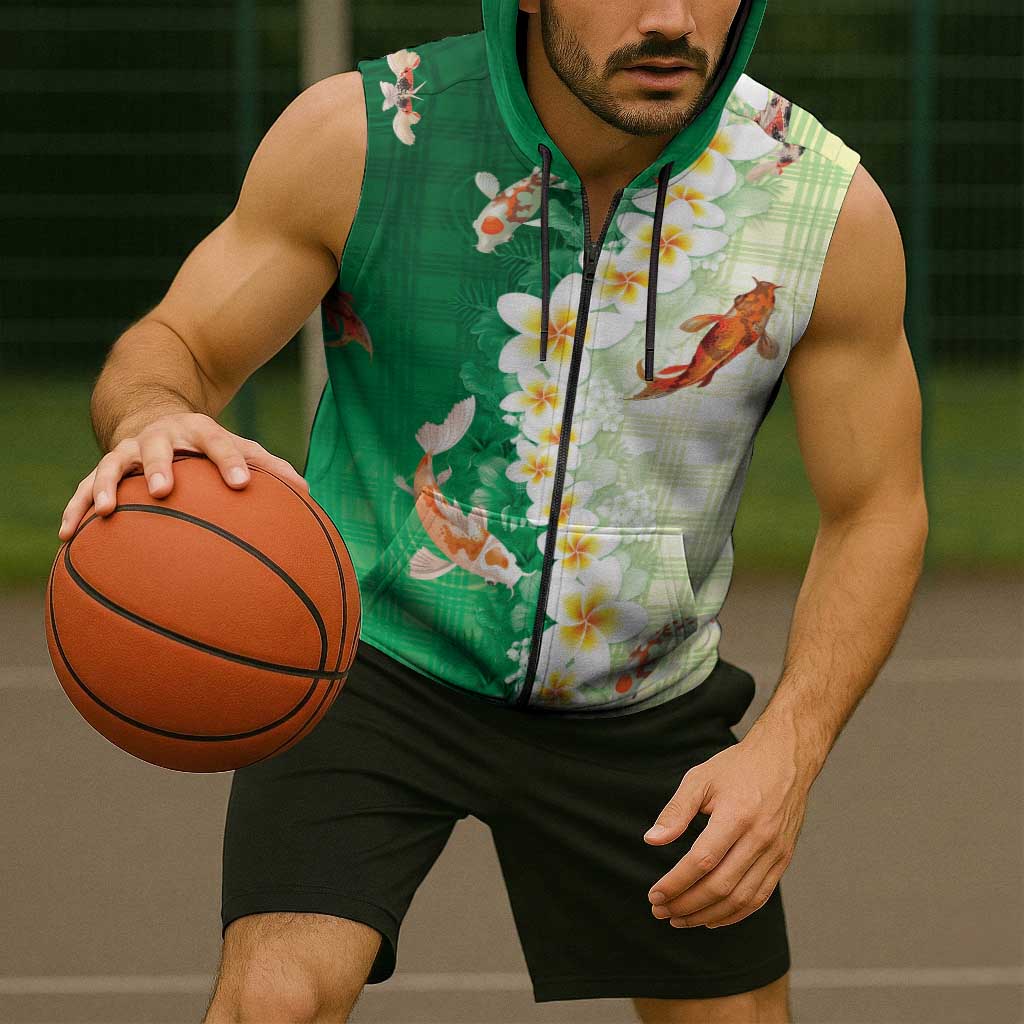 Hawaii And Japan Sleeveless Zip Hoodie Plumeria Lei With Koi Fish Green - Polynesian Pride