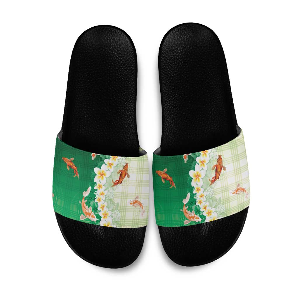 Hawaii And Japan Slide Sandals Plumeria Lei With Koi Fish Green - Polynesian Pride