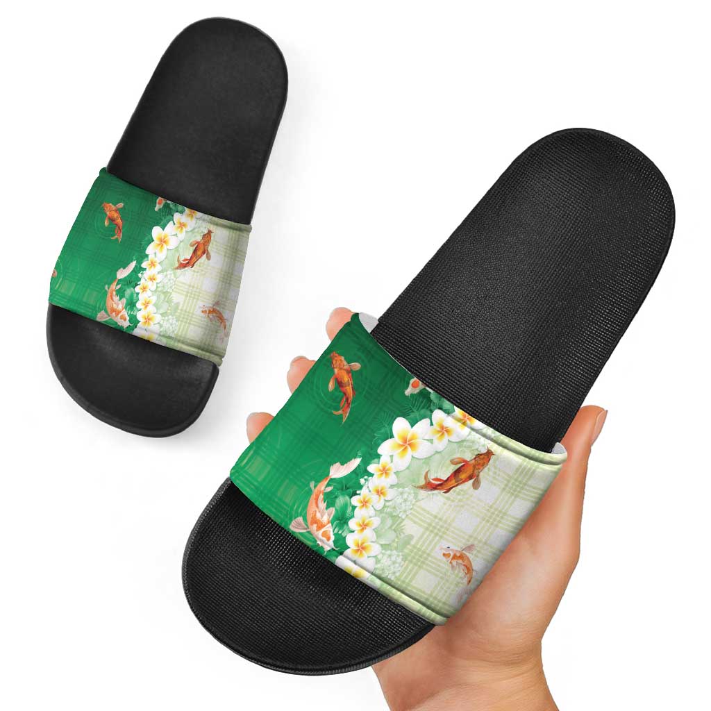 Hawaii And Japan Slide Sandals Plumeria Lei With Koi Fish Green - Polynesian Pride