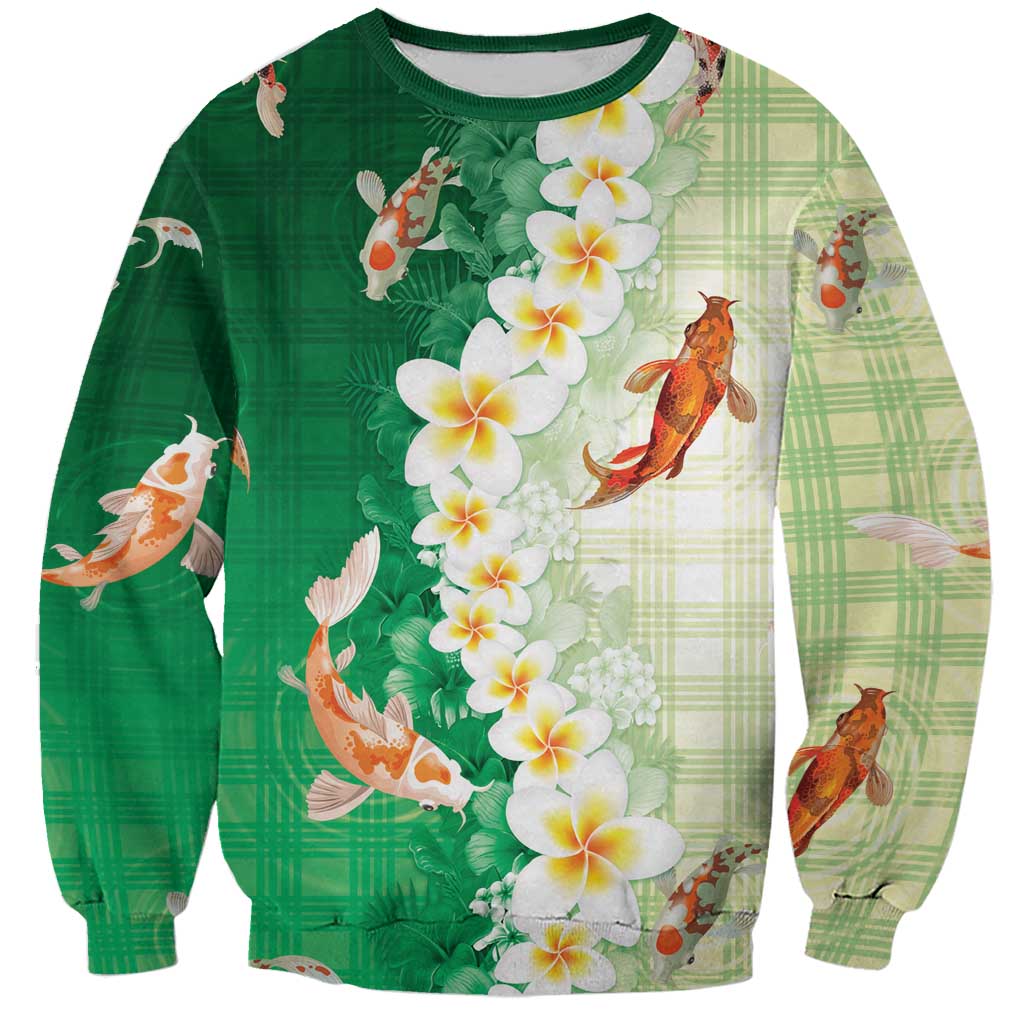 Hawaii And Japan Sweatshirt Plumeria Lei With Koi Fish Green - Polynesian Pride