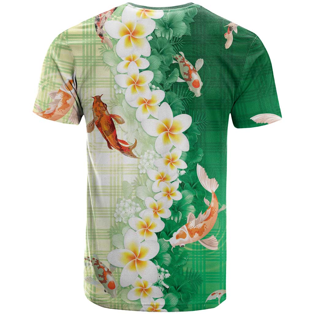 Hawaii And Japan T Shirt Plumeria Lei With Koi Fish Green - Polynesian Pride