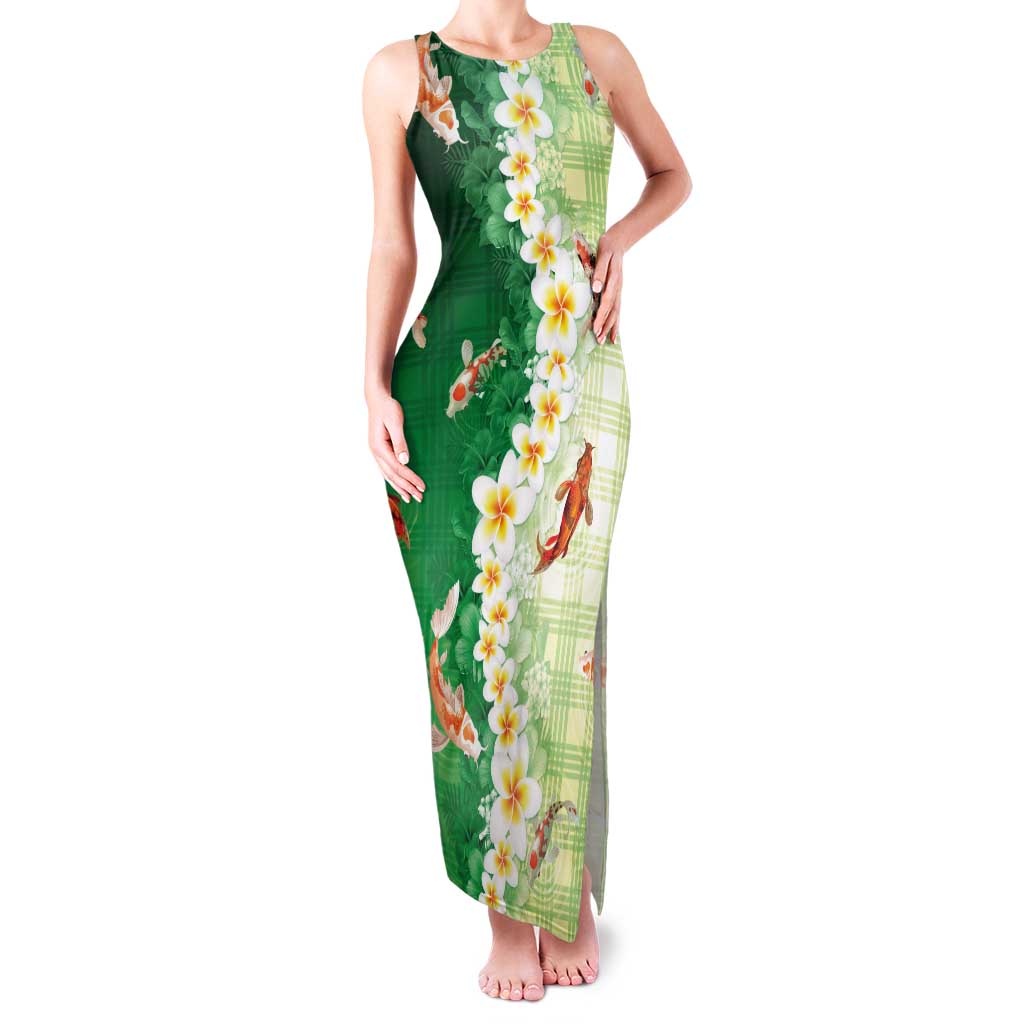 Hawaii And Japan Tank Maxi Dress Plumeria Lei With Koi Fish Green LT05 Women Green - Polynesian Pride