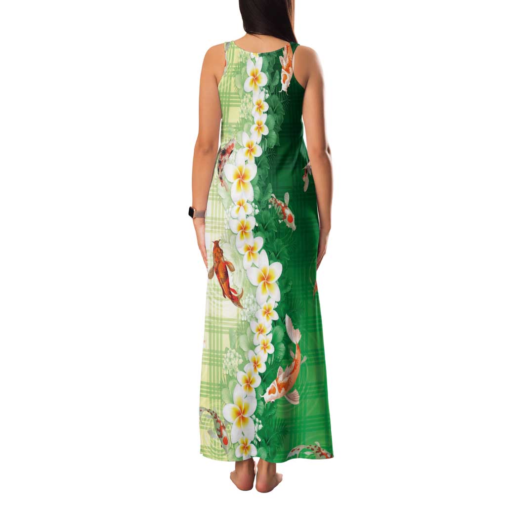 Hawaii And Japan Tank Maxi Dress Plumeria Lei With Koi Fish Green LT05 - Polynesian Pride