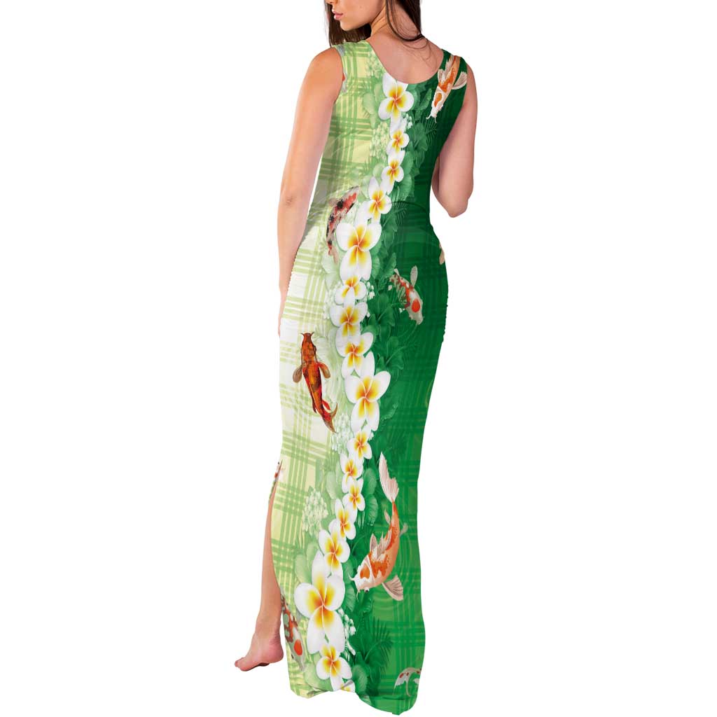 Hawaii And Japan Tank Maxi Dress Plumeria Lei With Koi Fish Green LT05 - Polynesian Pride