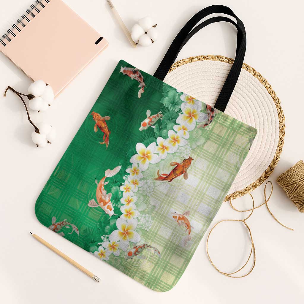 Hawaii And Japan Tote Bag Plumeria Lei With Koi Fish Green LT05 Black Strap One Size Green - Polynesian Pride