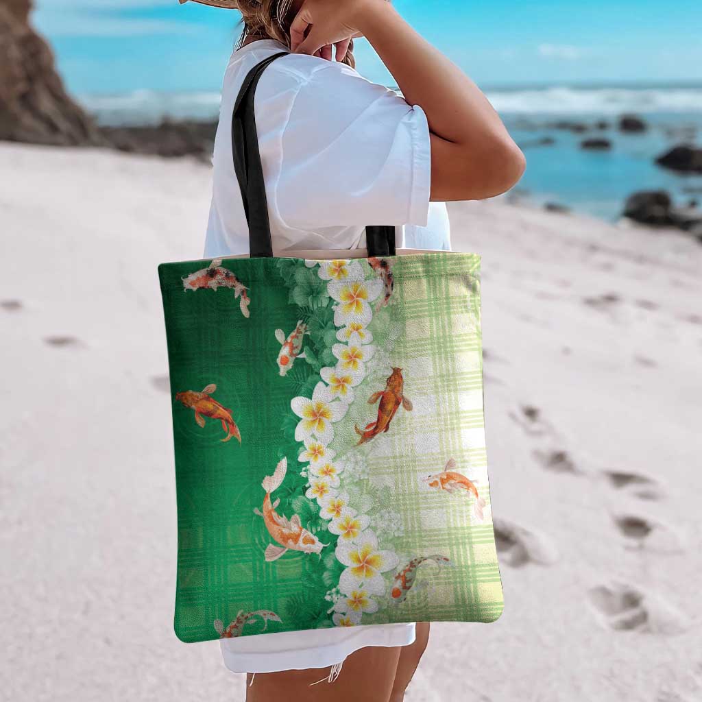 Hawaii And Japan Tote Bag Plumeria Lei With Koi Fish Green - Polynesian Pride
