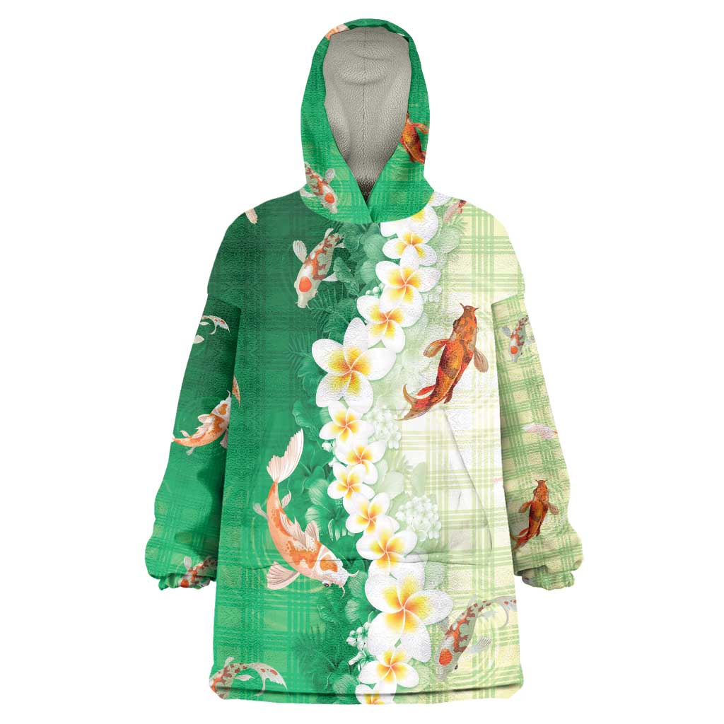 Hawaii And Japan Wearable Blanket Hoodie Plumeria Lei With Koi Fish Green - Polynesian Pride