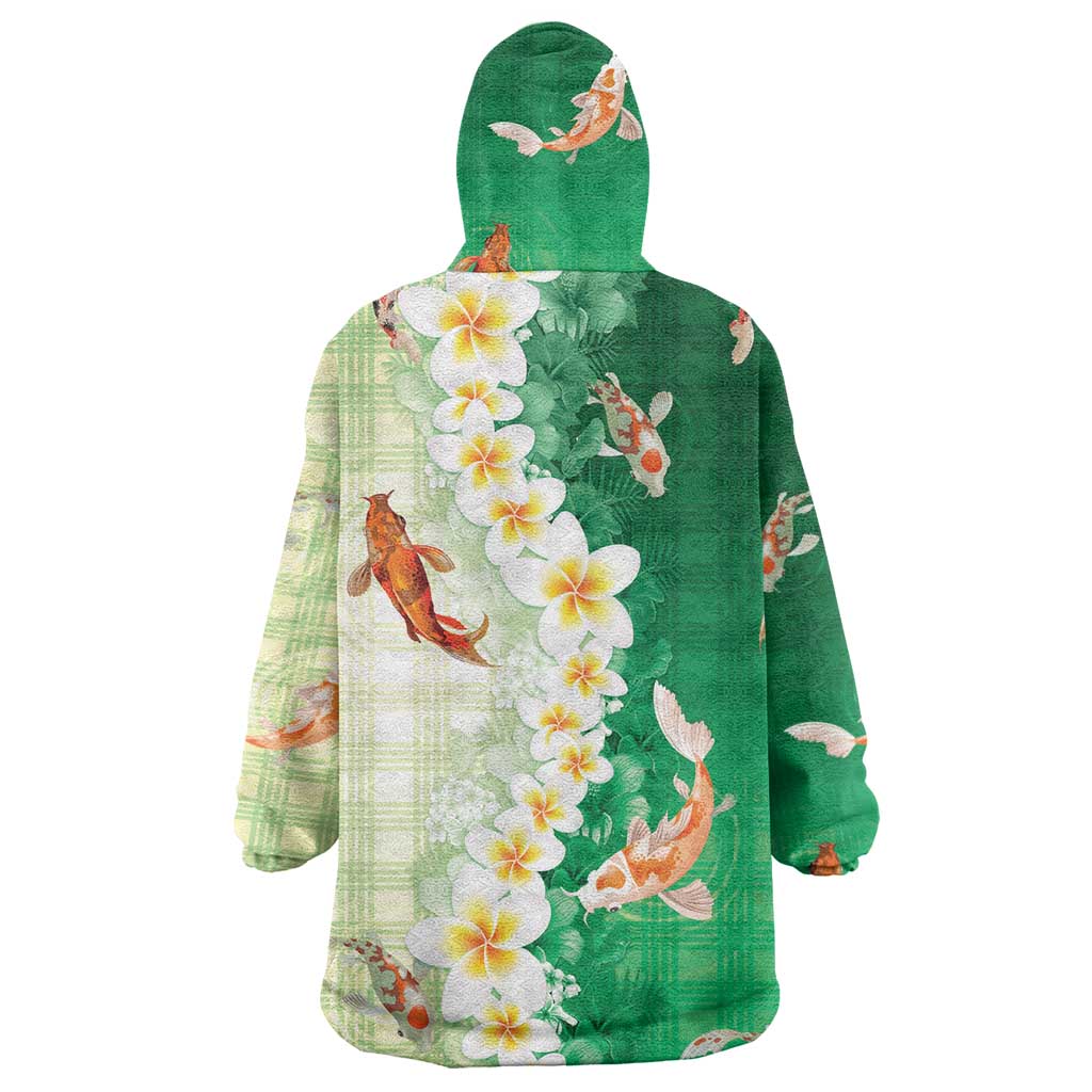 Hawaii And Japan Wearable Blanket Hoodie Plumeria Lei With Koi Fish Green - Polynesian Pride