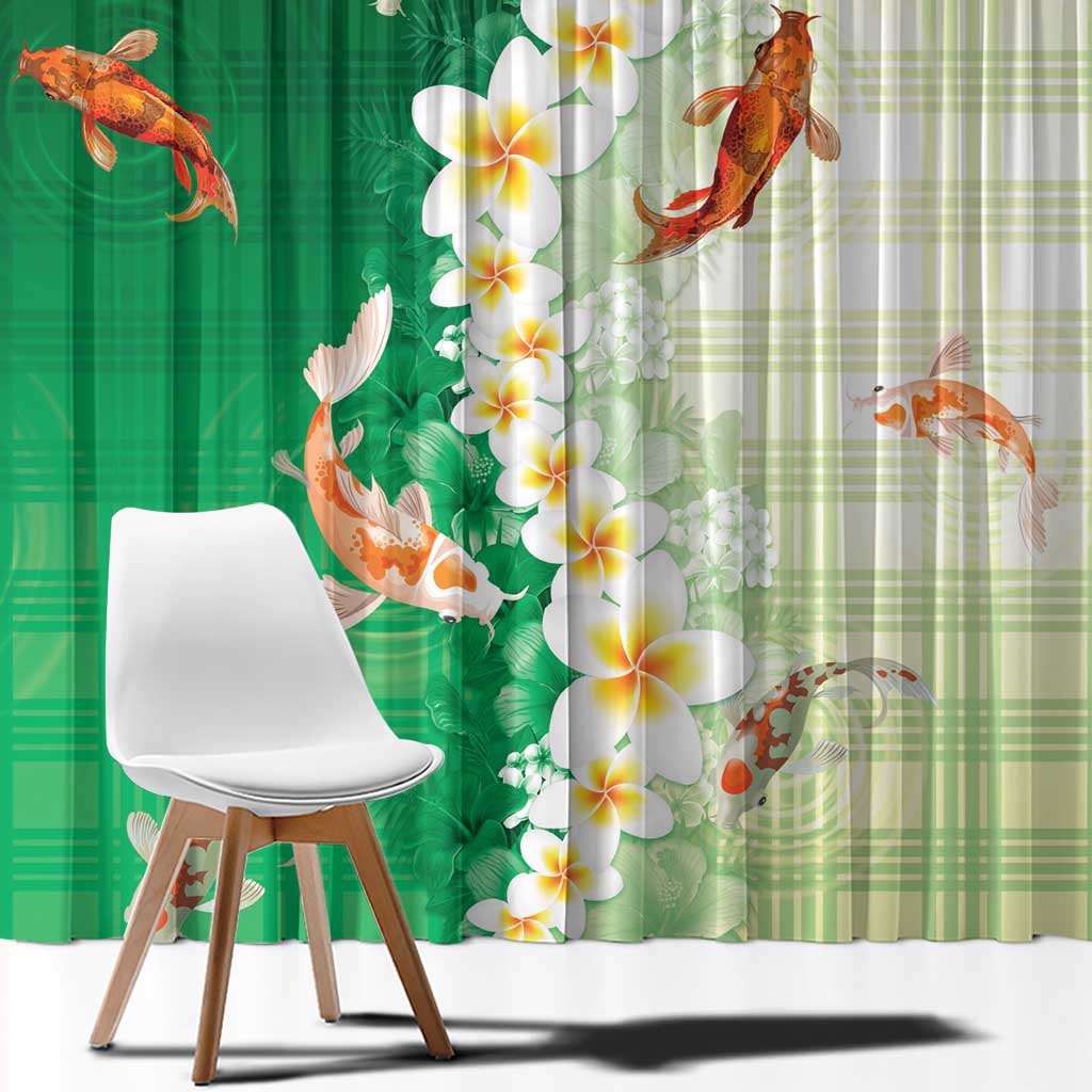 Hawaii And Japan Window Curtain Plumeria Lei With Koi Fish Green - Polynesian Pride