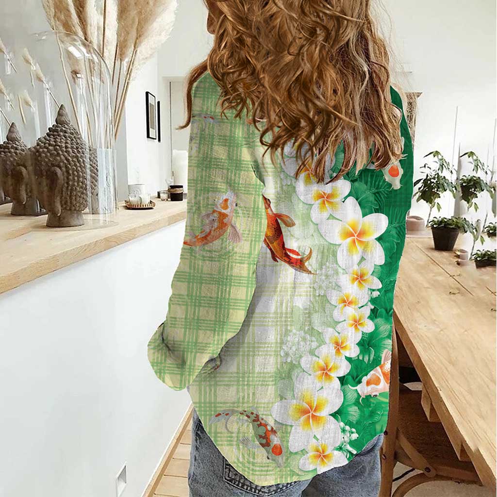 Hawaii And Japan Women Casual Shirt Plumeria Lei With Koi Fish Green - Polynesian Pride