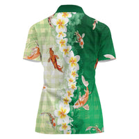 Hawaii And Japan Women Polo Shirt Plumeria Lei With Koi Fish Green - Polynesian Pride