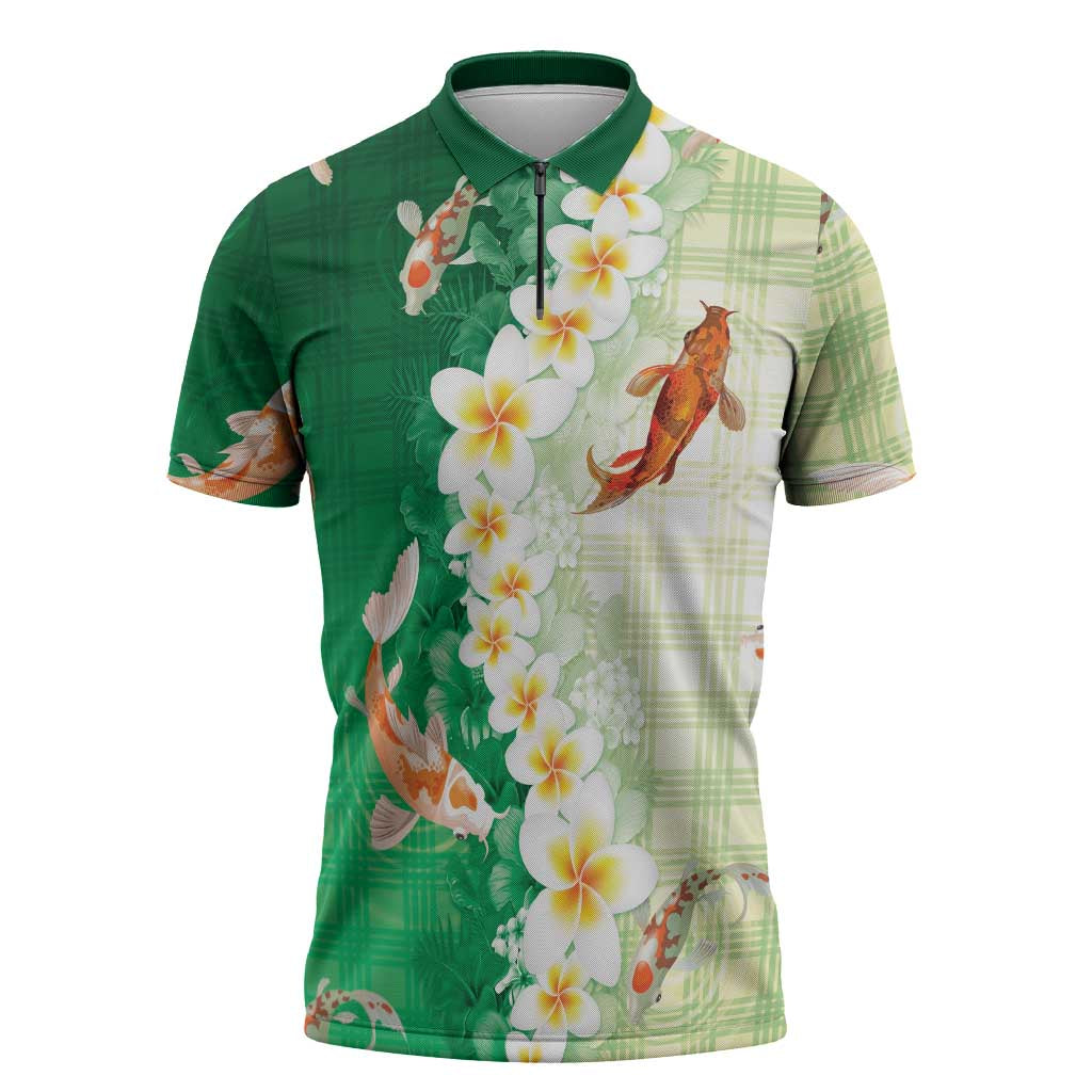 Hawaii And Japan Zipper Polo Shirt Plumeria Lei With Koi Fish Green - Polynesian Pride