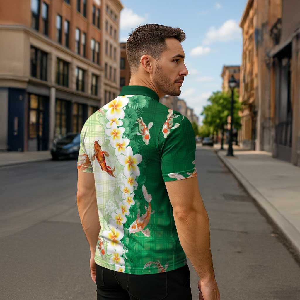 Hawaii And Japan Zipper Polo Shirt Plumeria Lei With Koi Fish Green - Polynesian Pride