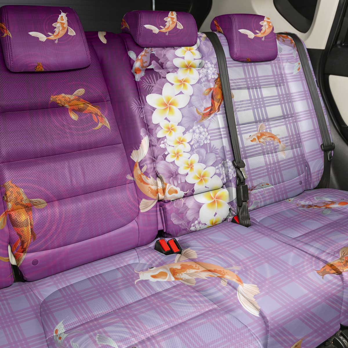 Hawaii And Japan Back Car Seat Cover Plumeria Lei With Koi Fish Purple - Polynesian Pride