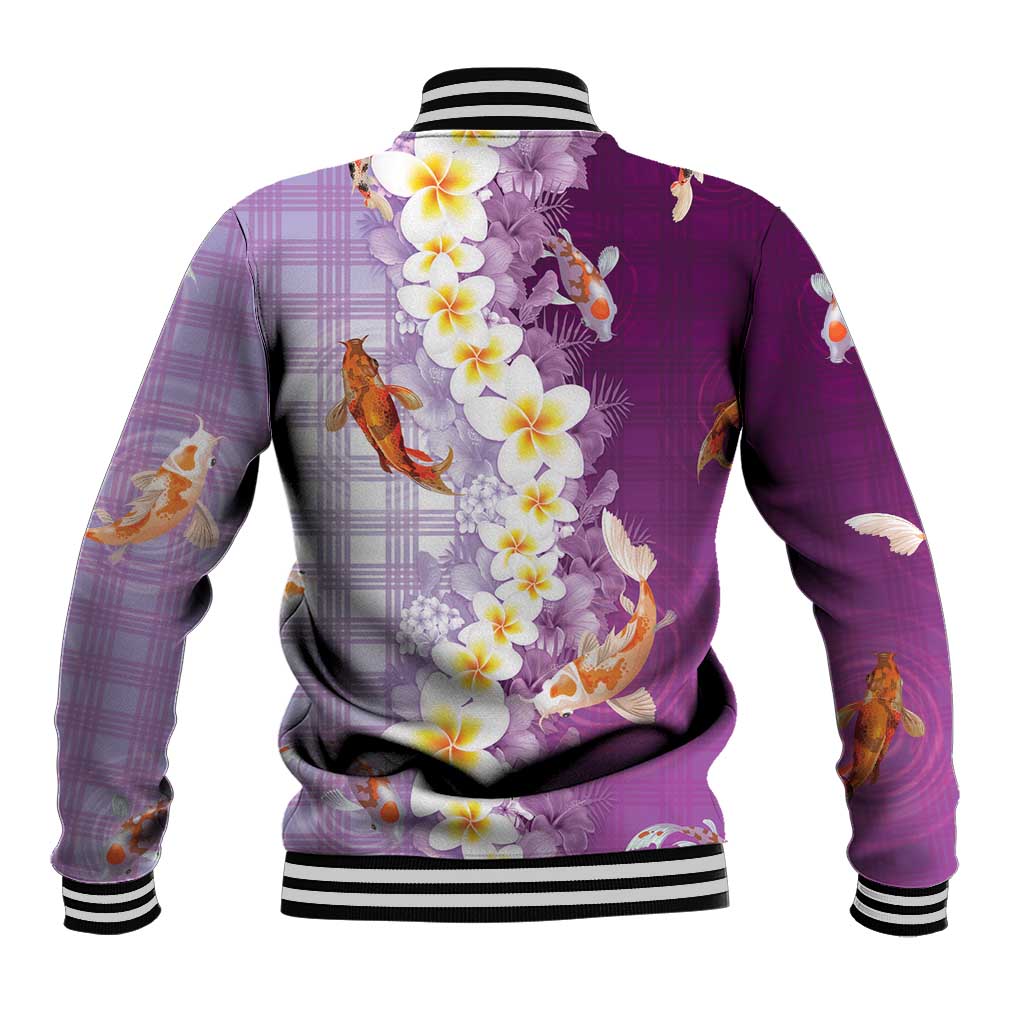 Hawaii And Japan Baseball Jacket Plumeria Lei With Koi Fish Purple - Polynesian Pride