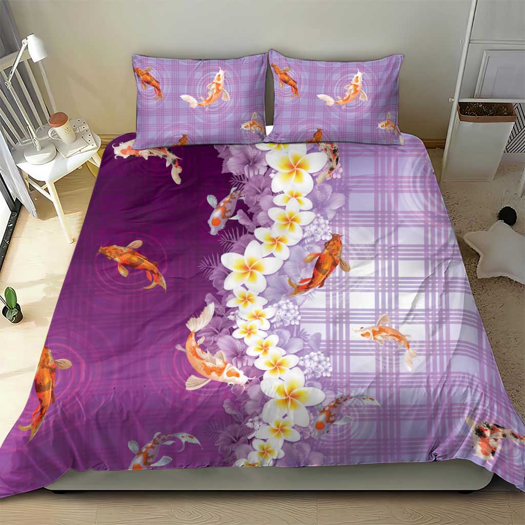 Hawaii And Japan Bedding Set Plumeria Lei With Koi Fish Purple - Polynesian Pride