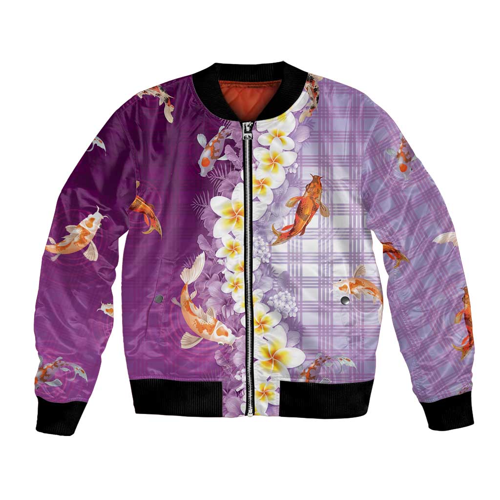 Hawaii And Japan Bomber Jacket Plumeria Lei With Koi Fish Purple - Polynesian Pride