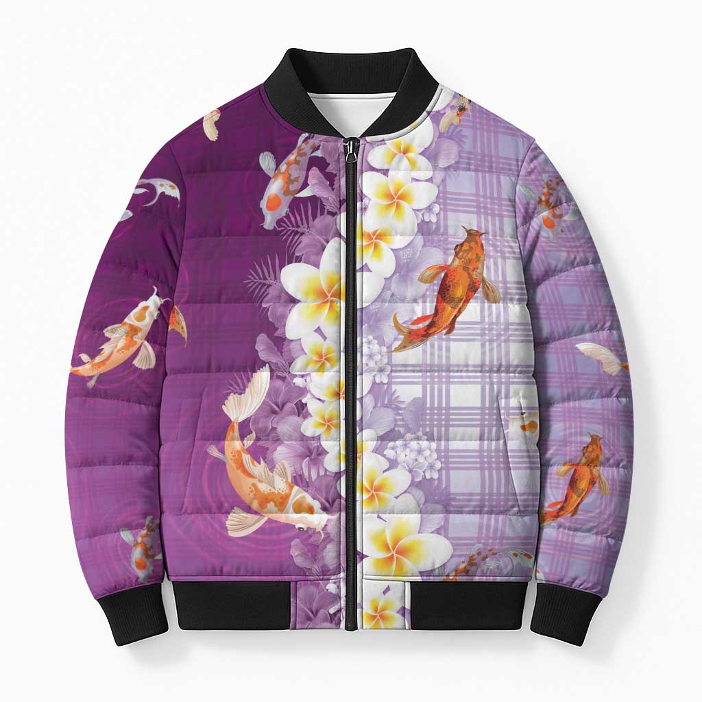 Hawaii And Japan Bomber Puffer Jacket Plumeria Lei With Koi Fish Purple - Polynesian Pride