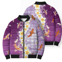 Hawaii And Japan Bomber Puffer Jacket Plumeria Lei With Koi Fish Purple - Polynesian Pride