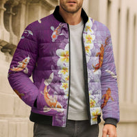 Hawaii And Japan Bomber Puffer Jacket Plumeria Lei With Koi Fish Purple - Polynesian Pride