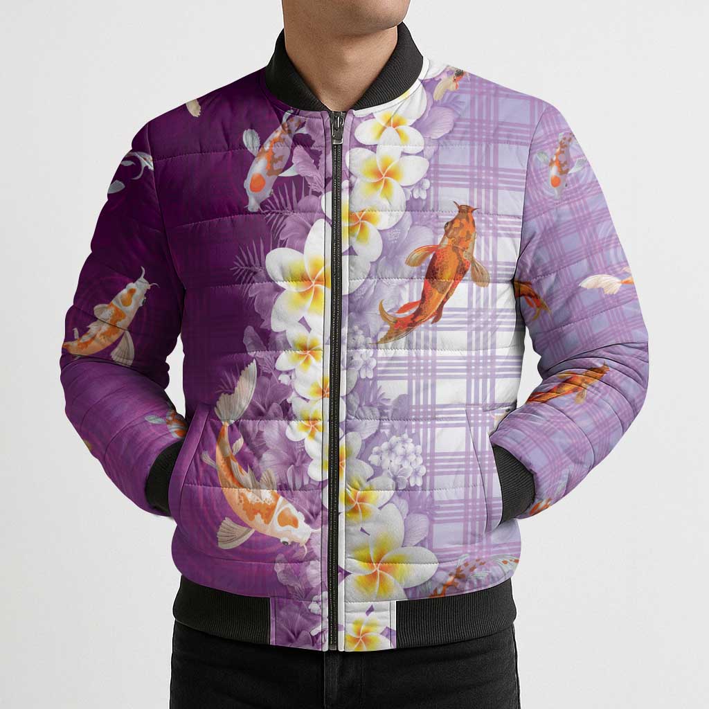 Hawaii And Japan Bomber Puffer Jacket Plumeria Lei With Koi Fish Purple - Polynesian Pride