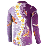 Hawaii And Japan Button Sweatshirt Plumeria Lei With Koi Fish Purple - Polynesian Pride
