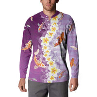 Hawaii And Japan Button Sweatshirt Plumeria Lei With Koi Fish Purple - Polynesian Pride