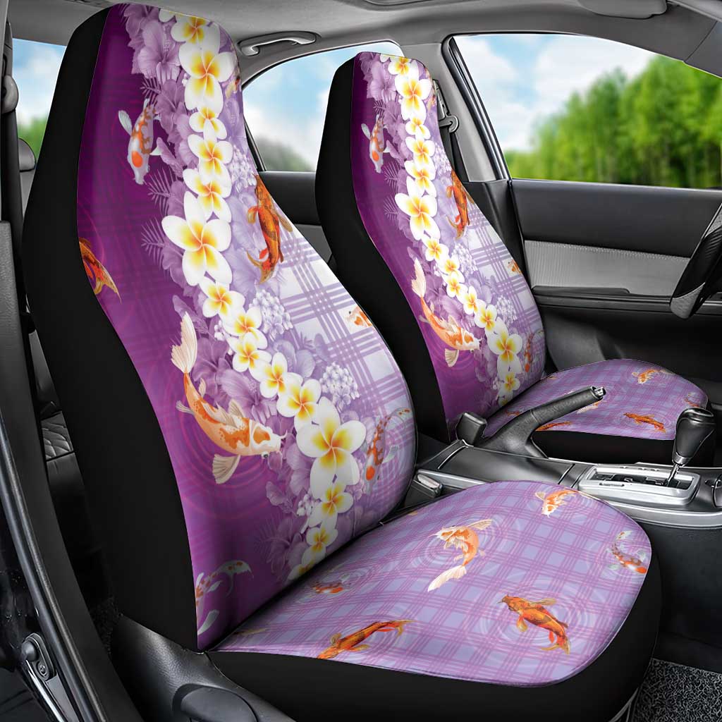 Hawaii And Japan Car Seat Cover Plumeria Lei With Koi Fish Purple - Polynesian Pride